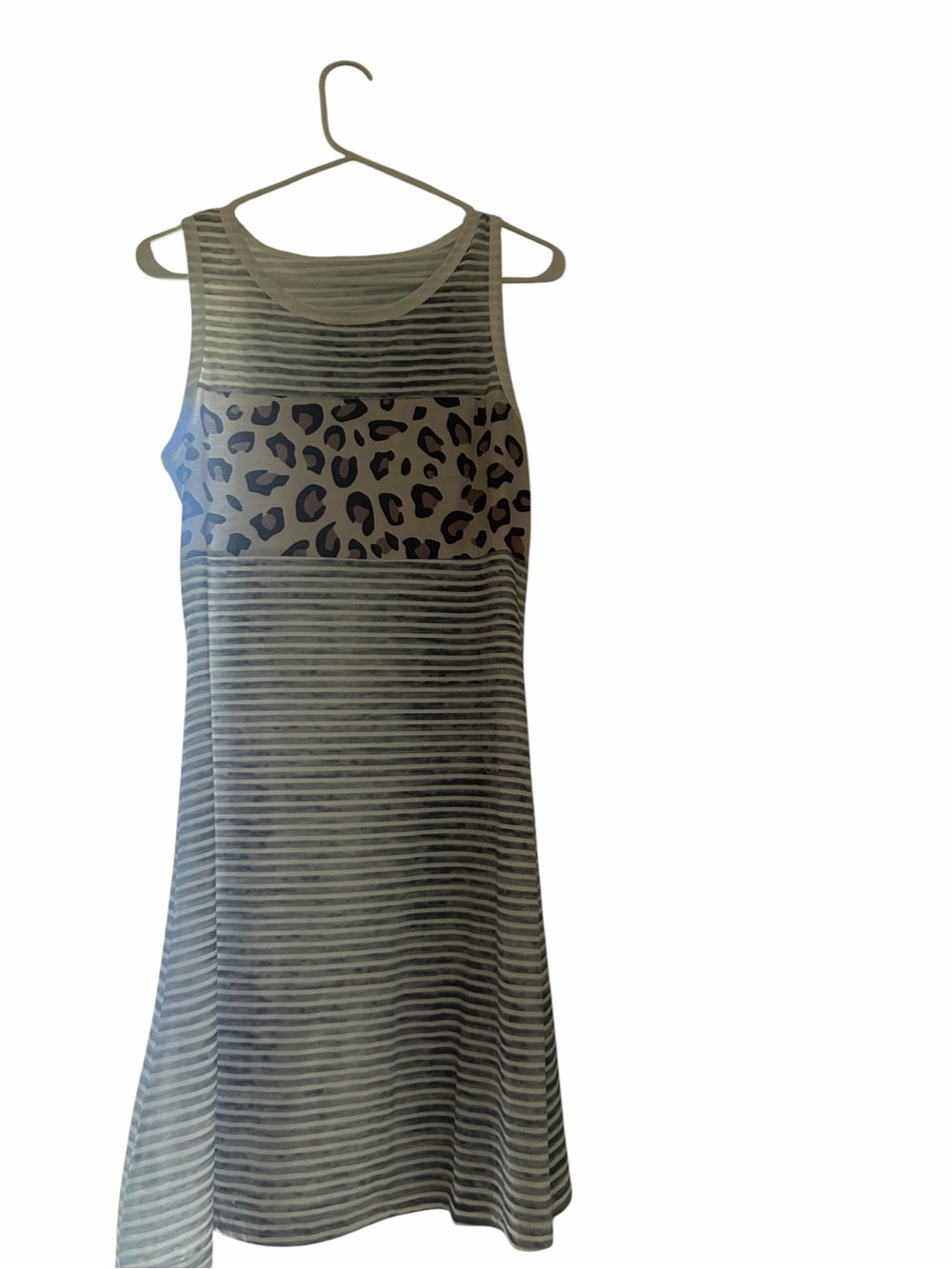 Amazon Women's White and Black Striped Tank Dress with Leopard Panel